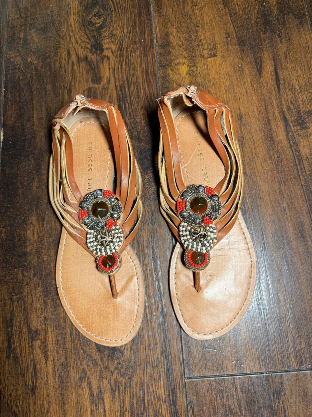 Chinese Laundry Tan and Red Beaded Fringe Thong Sandals